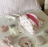 Pochette de maquillage en coton floral matelassé pour femme, style Candy Ins, avec fermeture éclair, personnalisable avec logo, design gratuit, rose