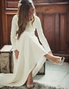 1012 # תמונות אמיתיות עגול צוואר רך סאטן אונליין לבן ללא משענת פשוט כלה שמלת ארוך שרוול חתונת שמלת כלה שמלה - Product Image 3