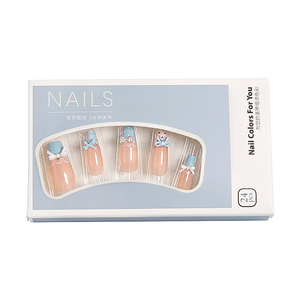 <span class=keywords><strong>Uñas</strong></span> postizas artesanales medianas con diseño de ataúd, en tono nude, con encaje francés, lazo 3D azul bebé y lunares, estilo lindo y kawaii, para uso diario y fiestas. - Product Image 6