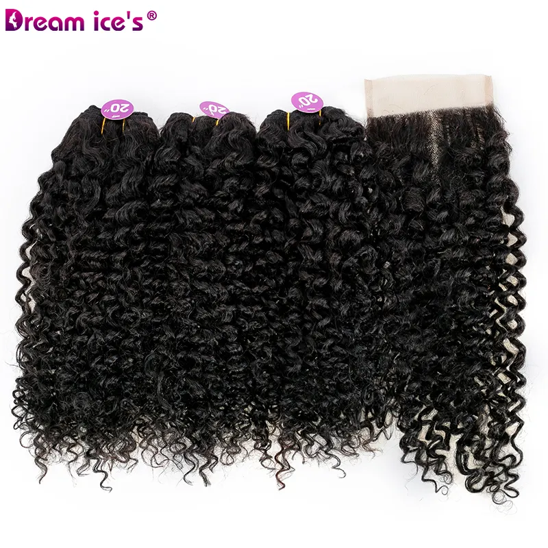 Dream Ice 'S Giao Hàng Nhanh Giá Rẻ Chất Lượng Tốt Bán Buôn 3 Cái Với Ren Đóng Cửa Xoăn Human Hair Blend Sợi Tổng Hợp Tóc