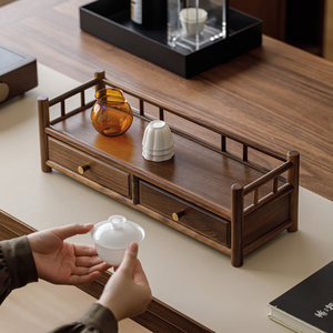 Guanlan <b>Walnut</b> Wood Display <b>Shelf</b> Single Layer Double Drawer Tea Storage Rack Classical Chinese Style - Product Image 2