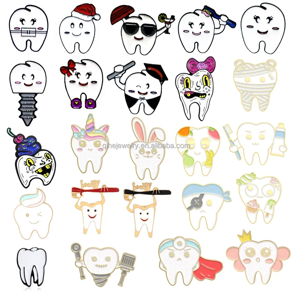 60 estilos nuevo tipo de dibujos animados dientes esmalte pines esmalte suave solapa Metal Pin insignia fabricación Dental Metal broche