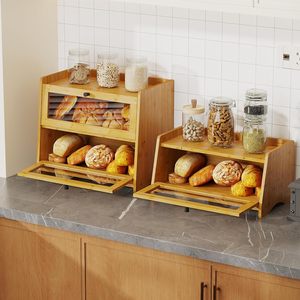 Boîte à pain pour comptoir <span class=keywords><strong>de</strong></span> cuisine, grand bac <span class=keywords><strong>de</strong></span> rangement en bambou pour pain fait <span class=keywords><strong>maison</strong></span>, boîte à pain à double couche pour pain au levain - Product Image 2
