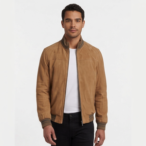 Wholesale <b>Men</b> Genuine <b>Leather</b> Vintage <b>Bomber</b> Jacket Eco-Friendly Windproof Slim Fit Striped Ribbed Stand Collar Casual Outerwear - Product Image 5