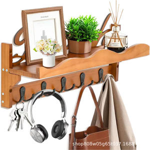 ราวแขวนเสื้อผ้าติดผนังไม้พร้อมตะขอและชั้นวางของสำหรับทางเข้าห้องนั่งเล่นห้องนอนที่จัดเก็บของได้ ทนทาน สีเรโทร - Product Image 5