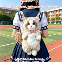 Sac à dos en flanelle ultra-réaliste en forme de chat de dessin animé, sac de rangement mignon pour l'école et les voyages, style Lolita