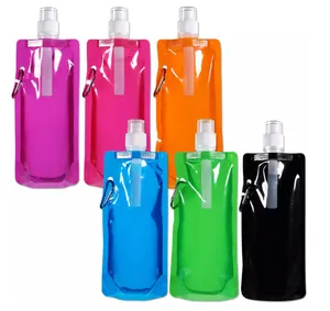 Botol air 480ml tas air dapat dilipat dengan Carabiner untuk perjalanan mendaki tahan lama bebas BPA berkemah olahraga