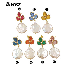 WT-MPE136 all'ingrosso della moda placcato oro prezioso naturale moneta rotonda vera perla orecchini a borchie con la moda Saphire - Product Image 3