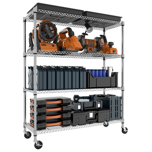 MZG Adjustable 4 <b>Shelf</b> Basement <b>Wire</b> <b>Shelf</b> Unit Heavy Duty Storage Organizer Garage Utility Rack Metal <b>Wire</b> Shelving with Wheels - Product Image 1