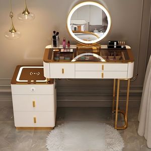 Luxury Nordic Style Solid Wood Multi-Functional Smart Makeup Vanity Wireless Charging Bedroom <strong>Dressing</strong> <strong>Table</strong> with LED Mirror - Product Image 4