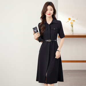 Women's Professional Suit Dress Mid Length A-Line With Belt Turn Down Collar Solid Color Career Dress - Product Image 3