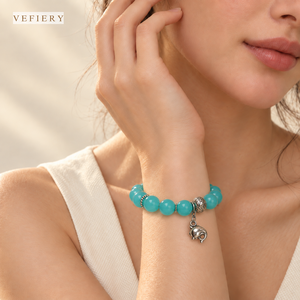 Bracelet extensible en amazonite bleue naturelle, perles rondes, avec breloque décorative, pour femmes, fournisseur en gros de bijoux - Product Image 2