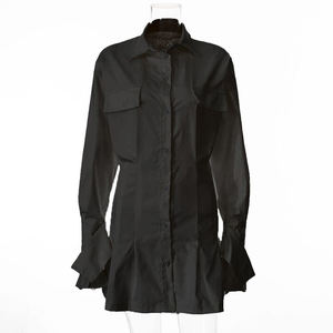 Femmes Chemise Robe À Manches Évasées Poches Plissée Sexy Dames De Bureau Blanc Vert Nouveau Mini Robe Pour Les Femmes - Product Image 5