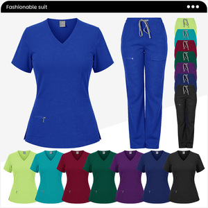 Women V-Neck <b>Scrub</b> Set <b>Blue</b> Two Piece Uniform With Zipper Pockets Moisture Wicking Knitted Fabric Hospital Workwear - Product Image 3