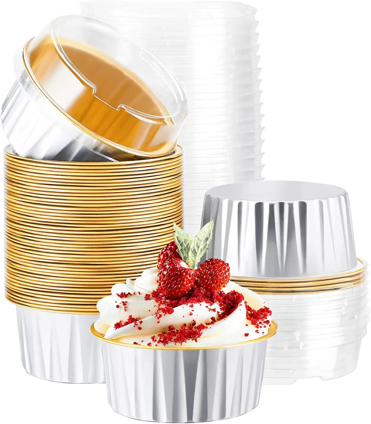 Dessert Containers with Lids, 50pcs 5oz Aluminum Foil Baking Cups Muffin Liners, Disposable Foil Ramekins