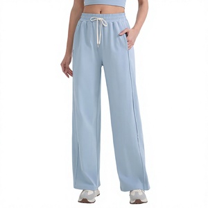 Pantalones de Verano Personalizados de Cintura Alta con Cordón de Encaje, Pierna Ancha, Ajuste Holgado, Color Sólido, Casuales, Largos, de Poliéster para Mujer - Product Image 1