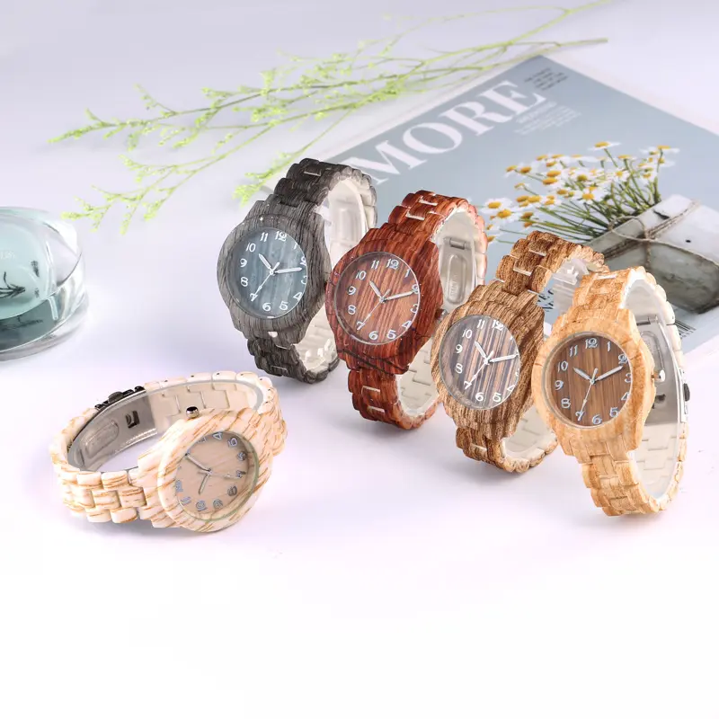 Toptan ucuz geometrik ahşap tahıl tasarım İzle kadın Lady basit rahat moda Quartz saat kol saati erkekler için