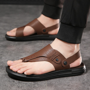 Tongs en cuir véritable pour hommes, été, extérieur, semelle en caoutchouc antidérapante, tongs ouvertes avec boucle - Product Image 2