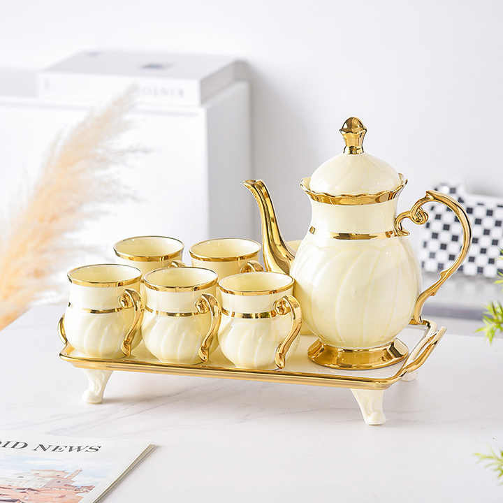 Vintage Ceramic Tea Cup Set with Teapot Gold Porcelain Luxury 8pcs Rim White Pink Green Yellow Customized Logo Europe 6 Set