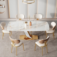 Ensemble de table à manger rectangulaire de luxe en acier inoxydable doré et dessus en pierre pour la maison hôtel meubles de restaurant