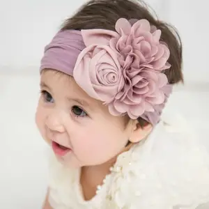 Soft Stretch Satin Rose Flower Baby Headband Newborn Knot Wide Nylon Headwraps Turban Girls Headwear Kids Photo Props