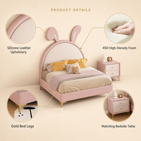 Ensemble de chambre d'enfant, lit pour enfants avec table de chevet, lit rembourré rose et blanc avec oreilles de lapin, cadre de lit en cuir silicone pour filles