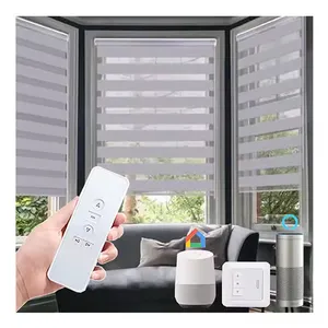 Smart Window Electric Motorized Dual Shades Roller Blackout Cordless Zebra Blind with Fabric Vertical Pattern