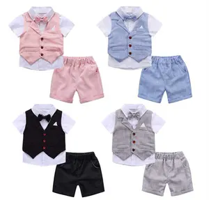 Haute qualité bébé garçon costume formel 1 ans tenue d'été 3 pièces ensemble gilet + chemise + short enfants vêtements vêtements pour enfants