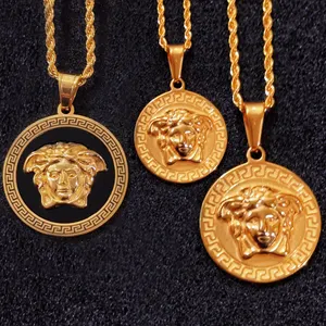 18k Gold Plated Greek Coin Punk Roman Medusa Pendant Custom Stainless Steel Hips Hops Necklace Jewelry For Men