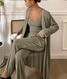 Ensemble 3 Pièces Minimaliste : <span class=keywords><strong>Robe</strong></span> Caraco, Cardigan et Pantalon <span class=keywords><strong>de</strong></span> Pyjama – Tenue d'Intérieur Personnalisée en Maille Côtelée pour <span class=keywords><strong>Femme</strong></span> - Product Image 2