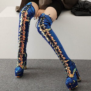 Solid Sequins Cloth Upper Chunky Heel Women Boots <b>High</b> Heel Thigh <b>High</b> Booties Slip-on Dating Party Winter Over <b>Knee</b> <b>High</b> Boots - Product Image 3