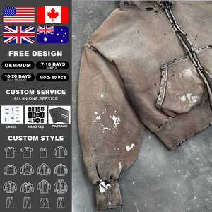 Hoodie Manufacture High Street Distressed Washed Vintage Thick Cotton Hoodies Men Custom Splash Sunfaded Oversized Zip up Hoodie - Product Image 2