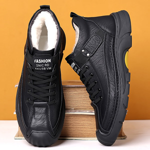 Men's Winter <b>Wool</b> Lined Warm Cotton Leather Snow Boots Anti Slip Waterproof Lace Up Casual Shoes For Middle Aged And Elderly - Product Image 2