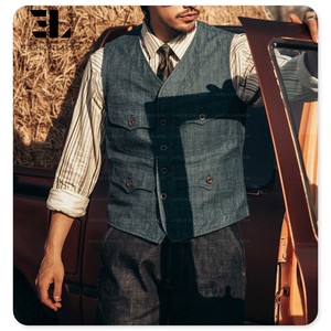 LARSUR Gilet en jean avec braguette à boutons, robe formelle personnalisée avec boucle de <span class=keywords><strong>Paris</strong></span>, veste en jean sans manches coupe ajustée pour hommes - Product Image 2