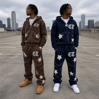Ensemble deux pièces homme personnalisé avec applique étoile, sweat à capuche zippé respirant délavé à l'acide et pantalon de survêtement droit, style streetwear assorti