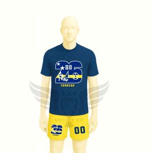 Conjunto de Camiseta y Pantalones Cortos de Fútbol del Curaçao, Uniforme de Fútbol Azul y Amarillo, Personalizable con Nombre y Número - Product Image 4