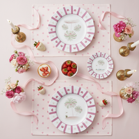 Assiettes en céramique élégantes à rayures roses et palmiers - Vaisselle à bord festonné pour mariage, banquet, douche nuptiale, décoration de table d'événement