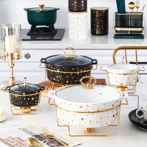 Nordic Star and Moon Gold Ceramic Soup Pot with Two Ears on an Iron Frame and Candle Holder - Product Image 3
