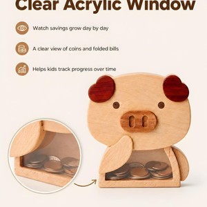 Hucha de madera transparente de acrílico para niños, caja de dinero visible para edades de 2 a 4 años, decoración de escritorio - Product Image 2