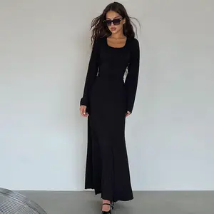 Autunno tinta unita abiti moda donna casual taglio basso vita alta figura lusinghiero guaina abito elegante nero