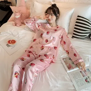 Hot Sale V-neck Night Suit Ice Silk Satin Two Piece Long Pajama Elegant Floral Cartoon Women Ladies Sleepwear Autumn Winter