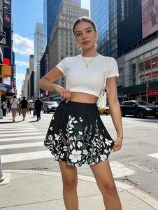 Women's Plus Size Black Floral Casual Summer Skirt-Natural Waist A-Line Mini Skirt Anti-Exposure Lining <b>Blend</b> - Product Image 4