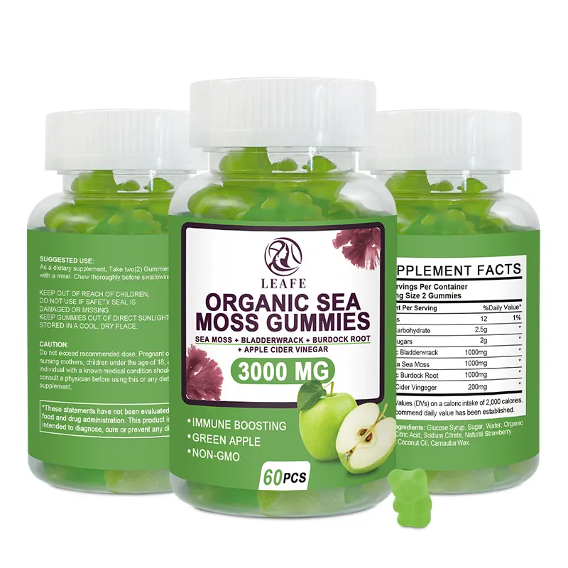 Organic Sea Moss Gummies 3000mg Green Apple Flavor 60 Pieces Jamaican Seamoss gummies Supplement for Immune Booster