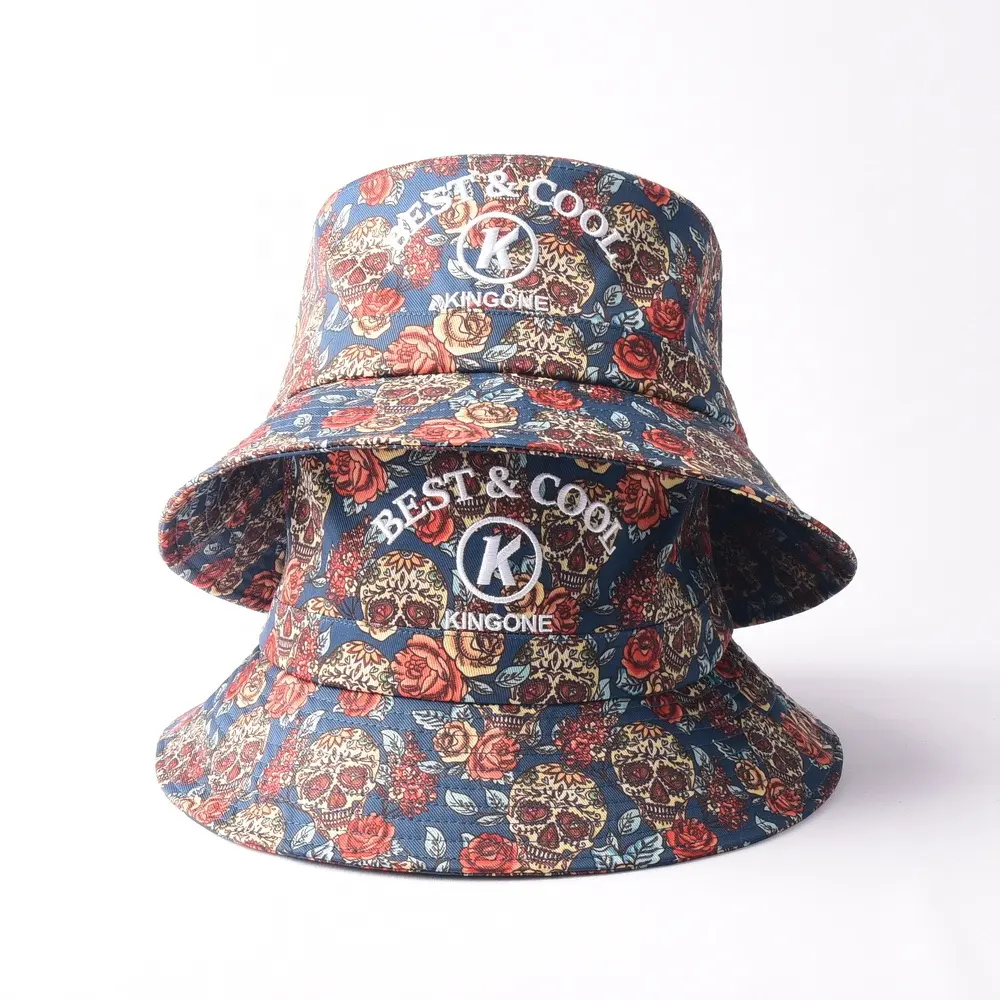 หมวกตกปลาเดินป่ากลางแจ้งฤดูร้อนหมวกปักผ้าฝ้ายพิมพ์หมวกหมวกถัง
