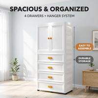 Armoire en plastique PP blanc 69x38x150cm avec tringle de suspension et 4 tiroirs, grand meuble de rangement pour vêtements pour chambre à coucher et maison