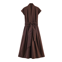 Robes midi décontractées d'été à manches courtes plissées de couleur marron pour femmes