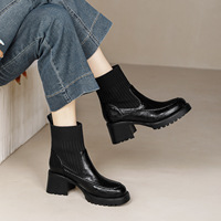 Sepatu bot hak tinggi untuk wanita, sepatu bot pendek luar ruangan kulit PU hak tinggi elegan harian untuk wanita
