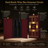 Boîte de luxe haut de gamme à double porte magnétique pour deux bouteilles de vin ou spiritueux, avec finition douce au toucher, dorure à chaud et lamination mate, et insert en EVA.
