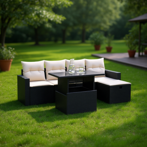 Adjustable Armrest Garden <b>Sofa</b> Set Black Pe <b>Rattan</b> Outdoor Furniture 4 Seater Contemporary Design - Product Image 2