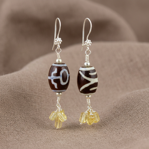 <b>Silver</b> Anchor Pattern Dzi Bead Drop Earrings with Yellow Gemstone Dangles Bohemian Style for Women Everyday Wear - Product Image 3